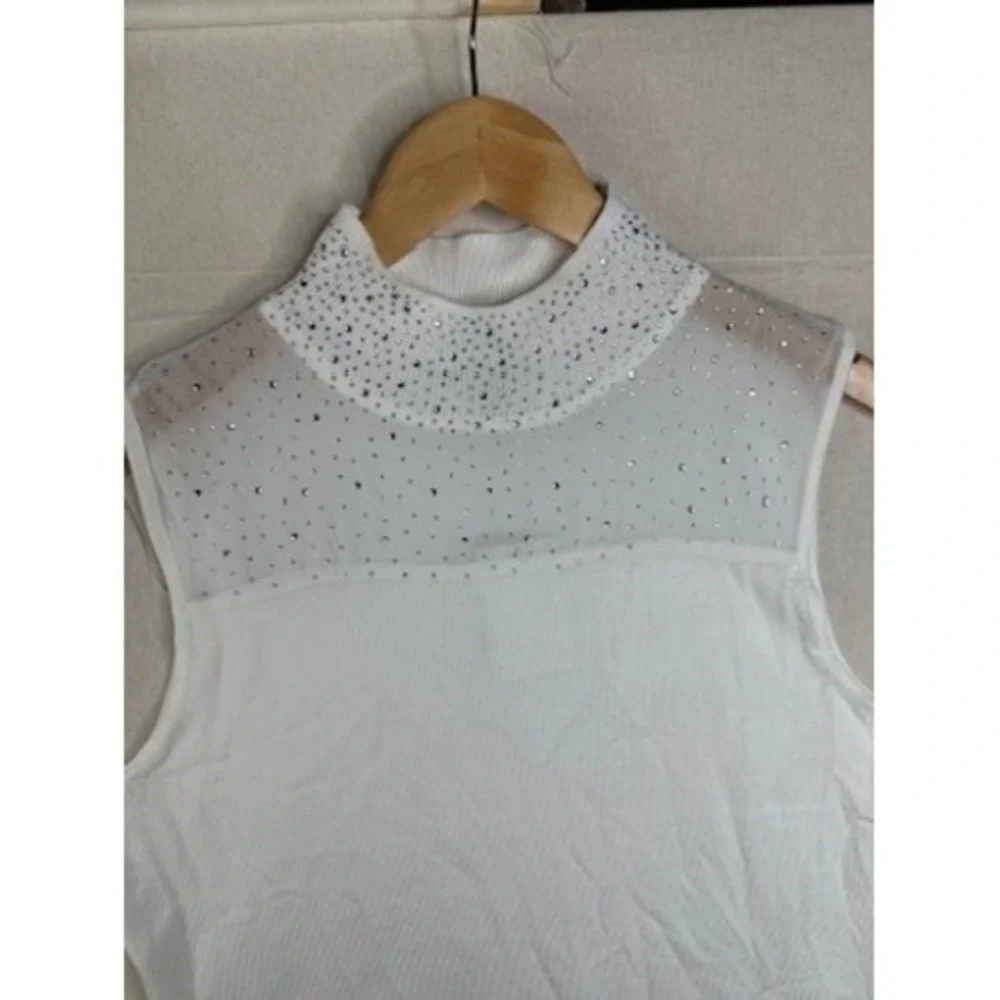 NWT Carmen Womens Mock Neck Rhinestone Lace Sleeveless White Blouse Size Large - Picture 3 of 10